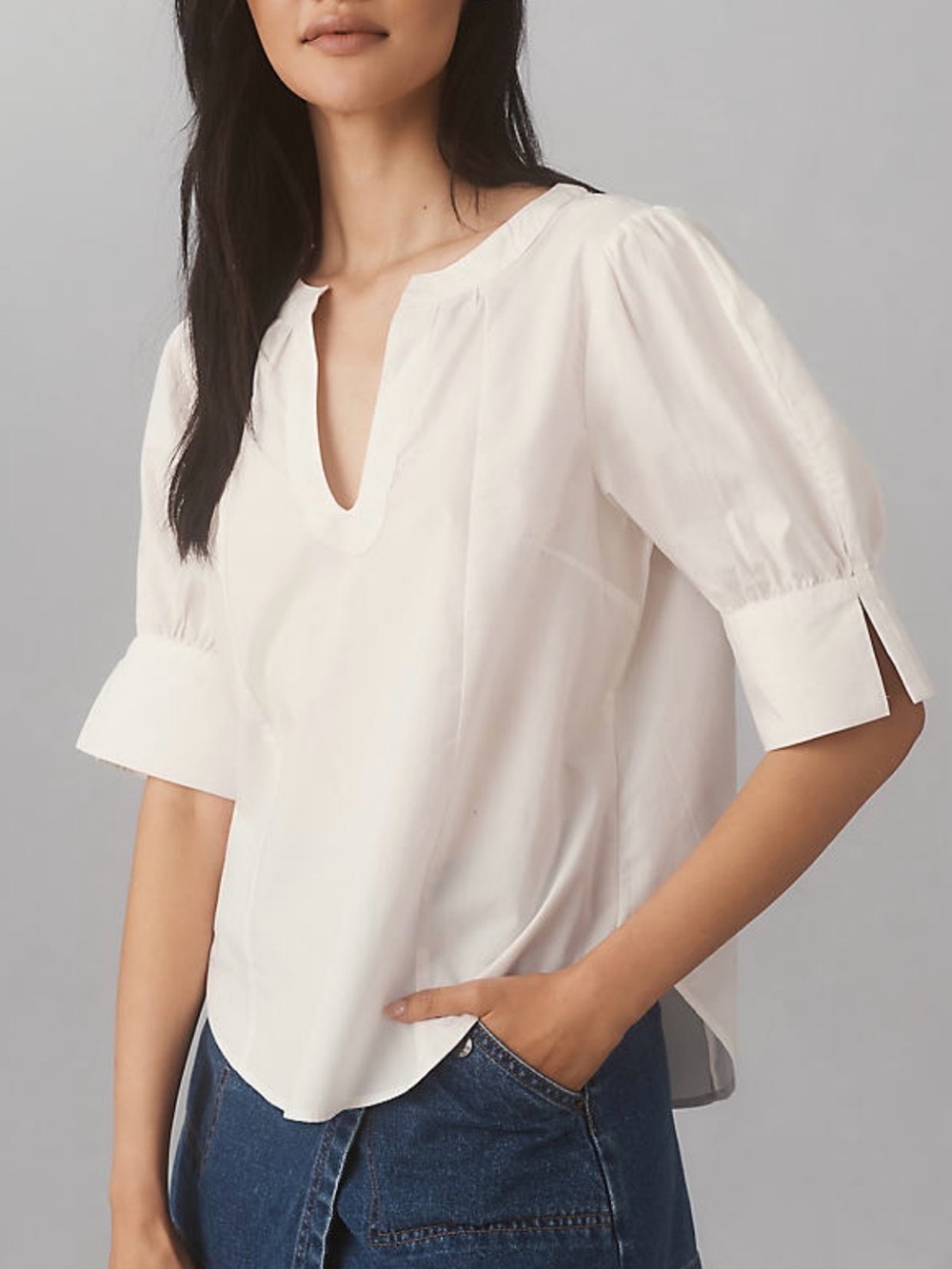Anthropologie White V-Neck Puff Sleeve Blouse